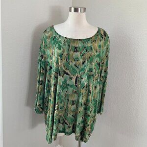 Maggie Barnes Womens Plus 5X Green Metallic Stretch Tunic Top 3/4 Sleeve Shirt